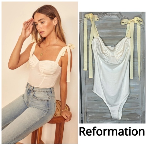 Reformation Marsala Bodysuit with Shoulder Ribbon Tie Strap in Ivory Cream Small - Picture 1 of 13